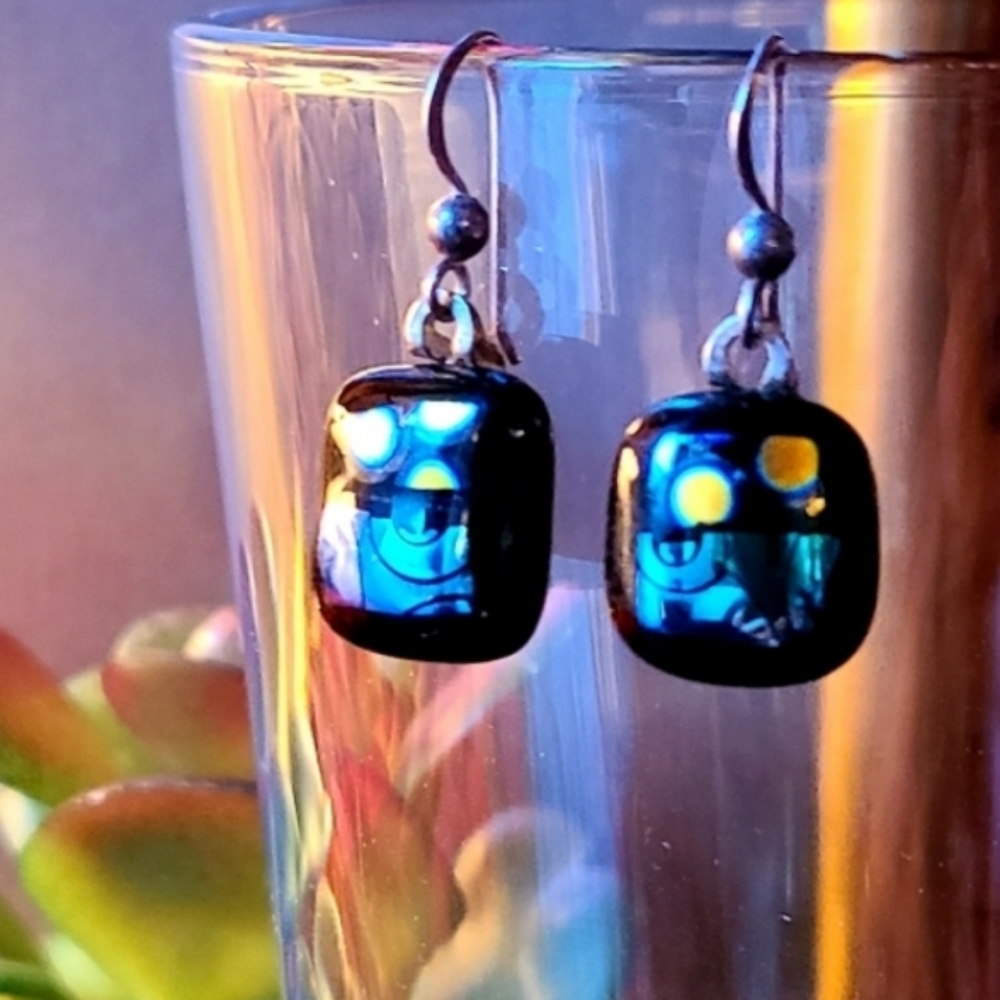 Black Glass Earrings w silver findings